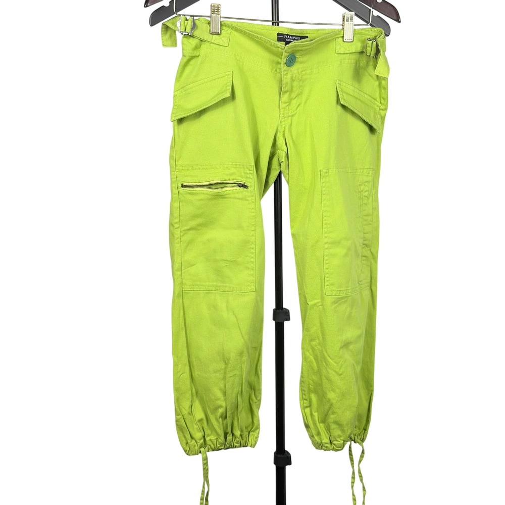 Rampage Cargo Pants Women's 3 Lime Green Drawstring Hem Utility Y2K Streetwear